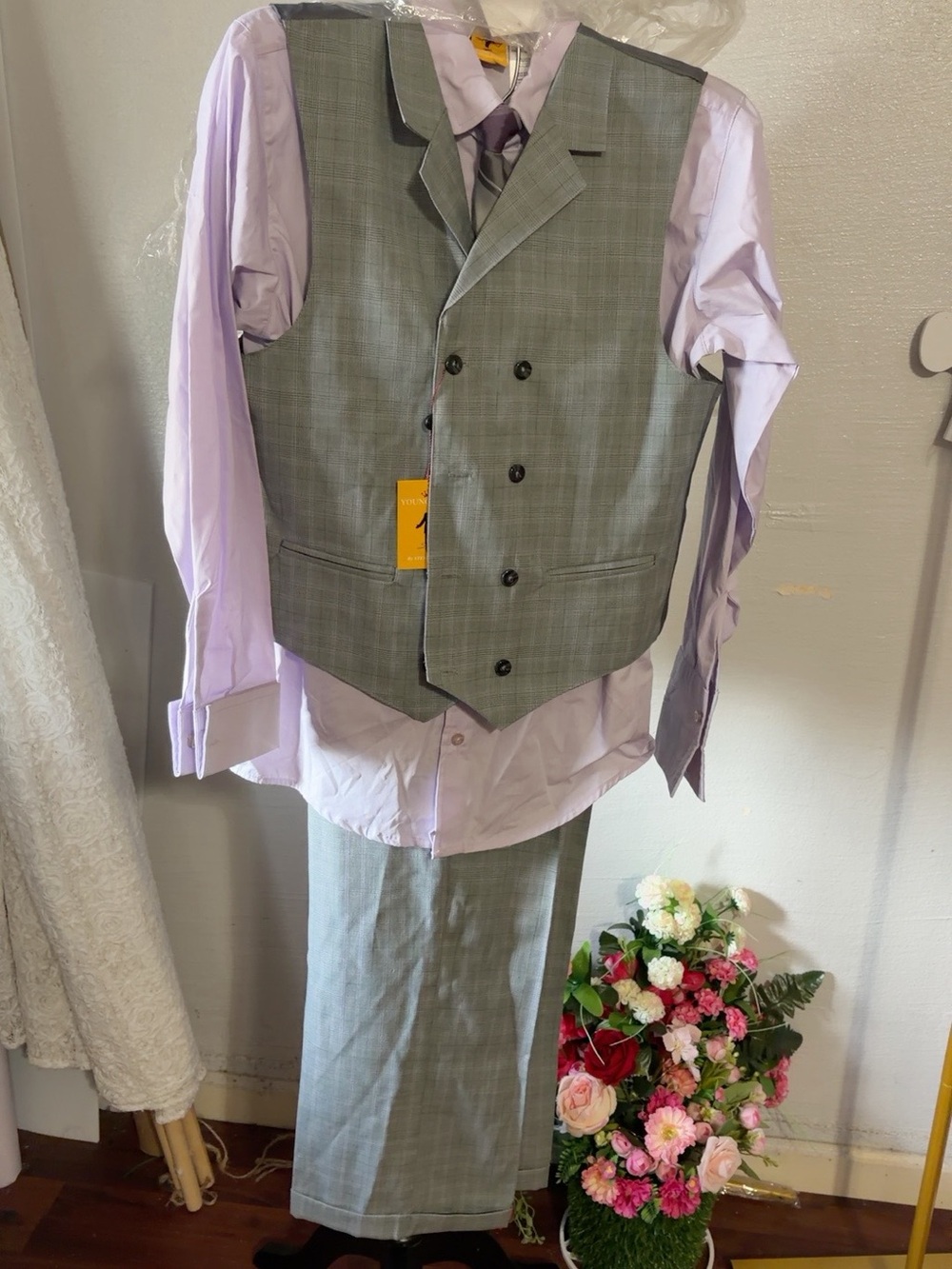 Men's Light Gray Plaid Three-Piece Vest Suit with Lavender Shirt